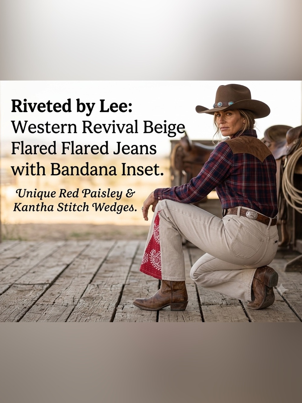 Riveted by Lee: Western Revival Beige Flared Jeans with Bandana Inset